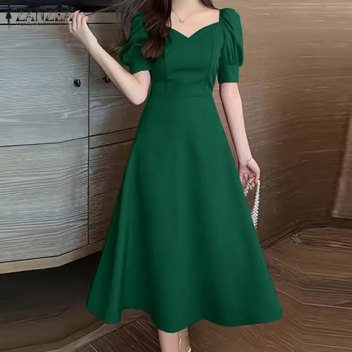 ZANZEA Vestido Elegante De Fiesta Vintage Para Mujer Con Manga Puff Corta A-line Midi Vestido De Boda De Verano Sin Aros - 1