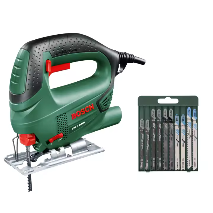 Bosch - Pack Sierra de Calar + Set 10 hojas sierra de calar para madera - PST 650 - 500W de Potencia, 65mm en Madera, Incluye Hoja de Sierra y Maletín - 1