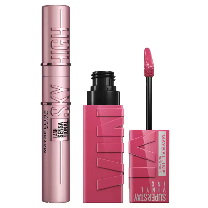 Maybelline New York | Kit rutina de maquillaje con la máscara de pestañas Sky High Tono Negro y el pintalabios Superstay Vinyl Ink efecto vinilo fijo, en Tono 35 Cheeky - 1
