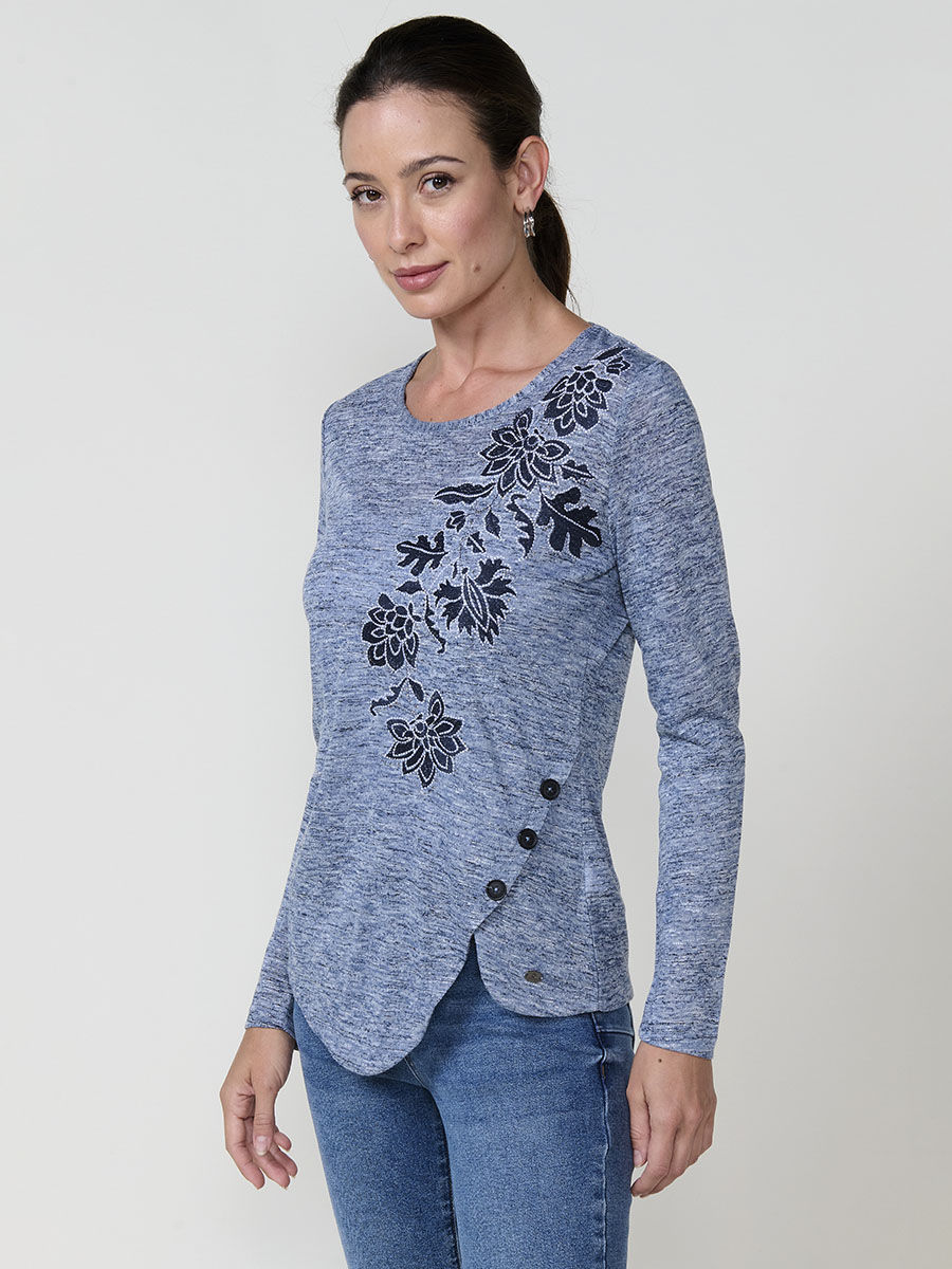 Koroshi Camiseta de mujer color navy en tejido flamé melange, con bajo asimétrico, botones decorativos y bordado brillante.