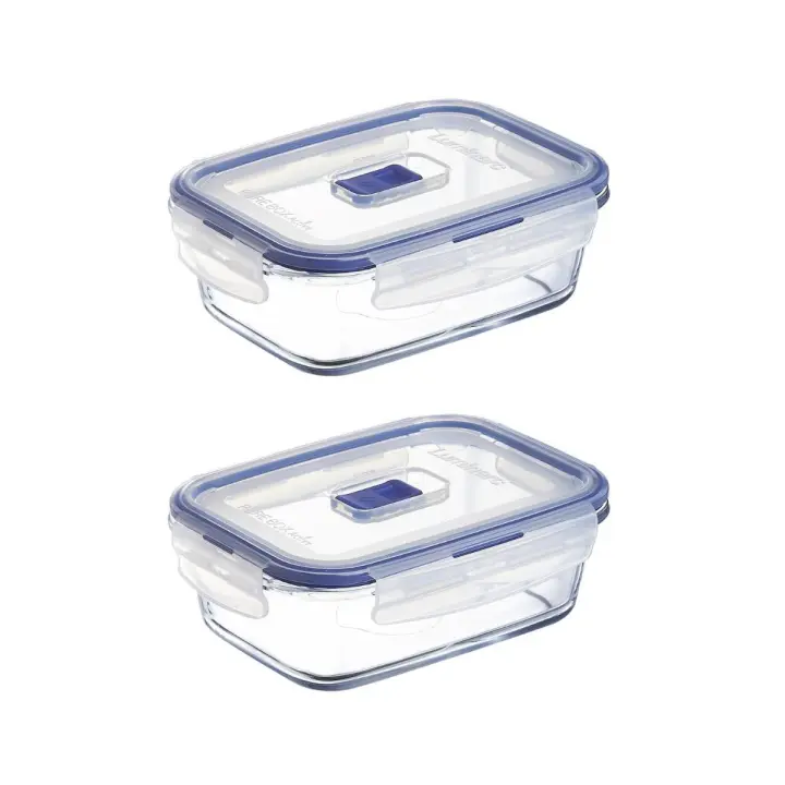 LUMINARC PURE BOX ACTIVE 2 Recipiente Rectangular Hermético Vidri SET 2 PIEZAS 82CL Bicolor Brillo Tapa 4 cierres herméticos 100% con válvula Reciclable - 1