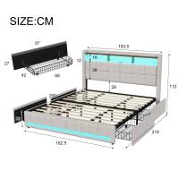 Cama tapizada capitoné con LED, puertos USB y Type-C, 4 cajones de almacenamiento, lino, beige y gris, 140x200 cm / 160x200 cm / 180x200 cm - details 2