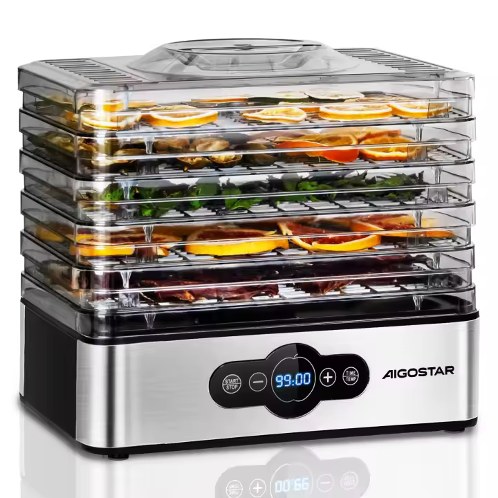 Aigostar Deshidratador Eléctrico de Alimentos, 240W, Control de Temperatura 35-70°C, Temporizador 99h, 5 Bandejas Extraíbles, Cuerpo de Acero Inoxidable, para Carne, Fruta y Verdura, Libre de BPA