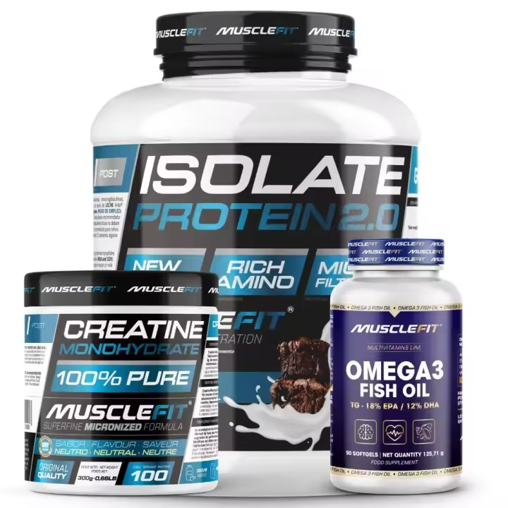 Pack Proteína ISOLATE 2kg + Creatina 300g + Omega 3 90cáps - Musclefit Avance Muscular│Mas musculos│VItaminas - 1
