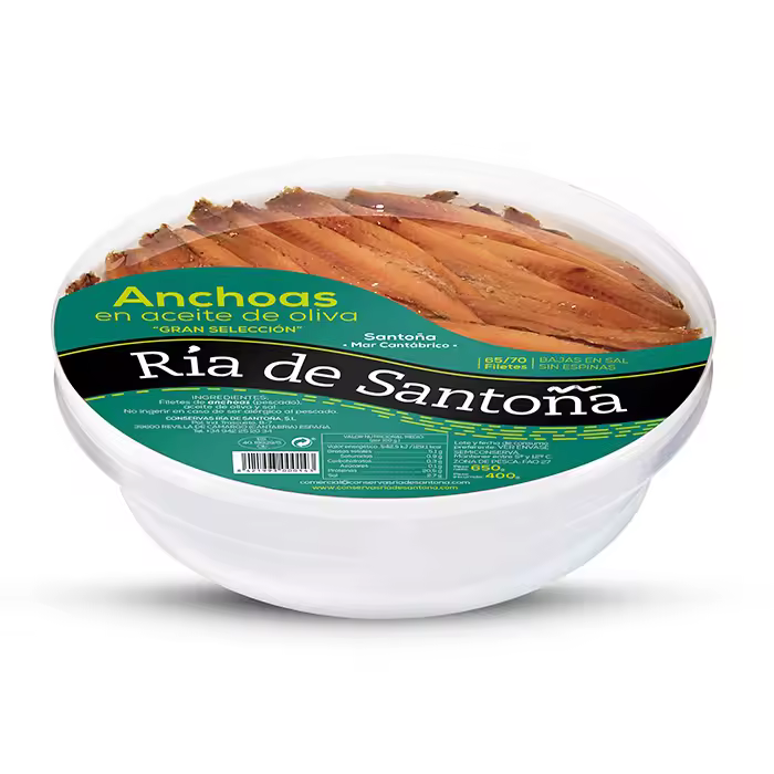 Anchoas del Cantábrico Ria Santoña 65-70 filetes de la Ría de Santoña en Aceite de Oliva: Auténtica Delicia del Mar Cantábrico, Bajas en Sal y Sin Espinas, Peso Escurrido 400 gr - 1