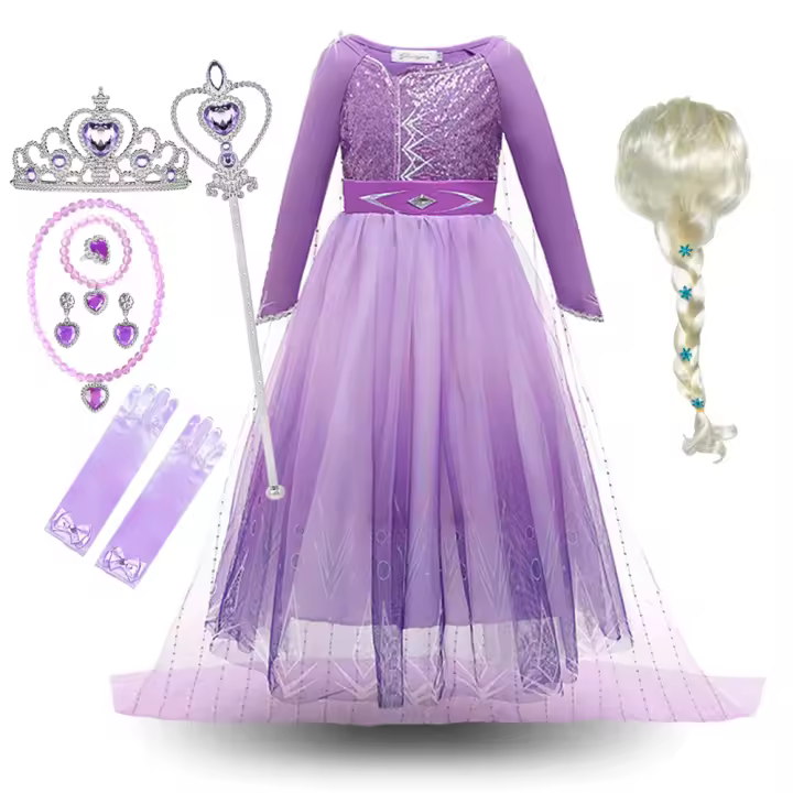 Disfraz De Princesa Para Niña Vestido De Cosplay De La Reina De Hielo Elsa Color Morado Talla A-Line Con Cuello En O Para Fiestas Y Rol De Playa - 1