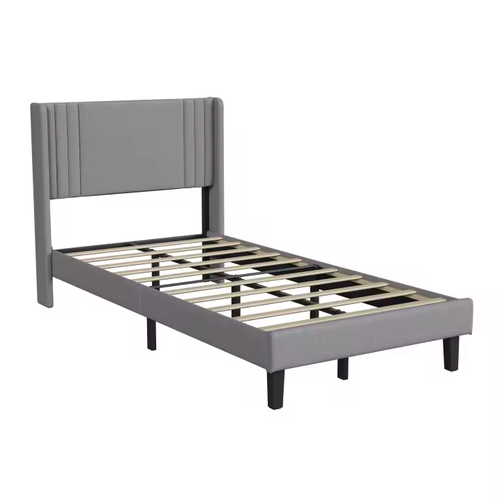 Cama individual gris 90x200 cm con cabecero acolchado, estructura silenciosa y espacio bajo la cama - 1