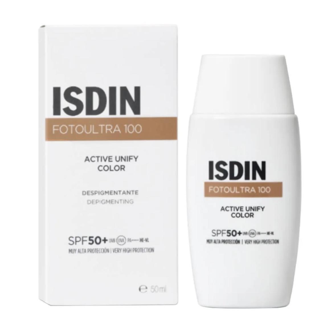 ISDIN Active Unify COLOR Fotoultra 100 50+ SPF Protector solar facial, Aclara y unifica el tono de piel, 50 ml