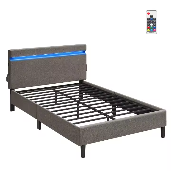 VASAGLE Estructura de Cama Doble, 145,4 x 217,4 cm, Marco de Cama, con Cabecera, Iluminación LED, Conexión USB y Type-C, Moderno, Gris Oscuro - 1