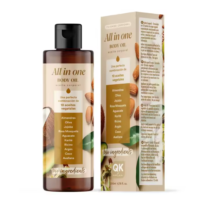 QKnatur- Aceite Corporal All In One 200ml - Para Hidratación y Cuidado de la Piel - Combinación de 10 Aceites Vegetales Naturales - 1