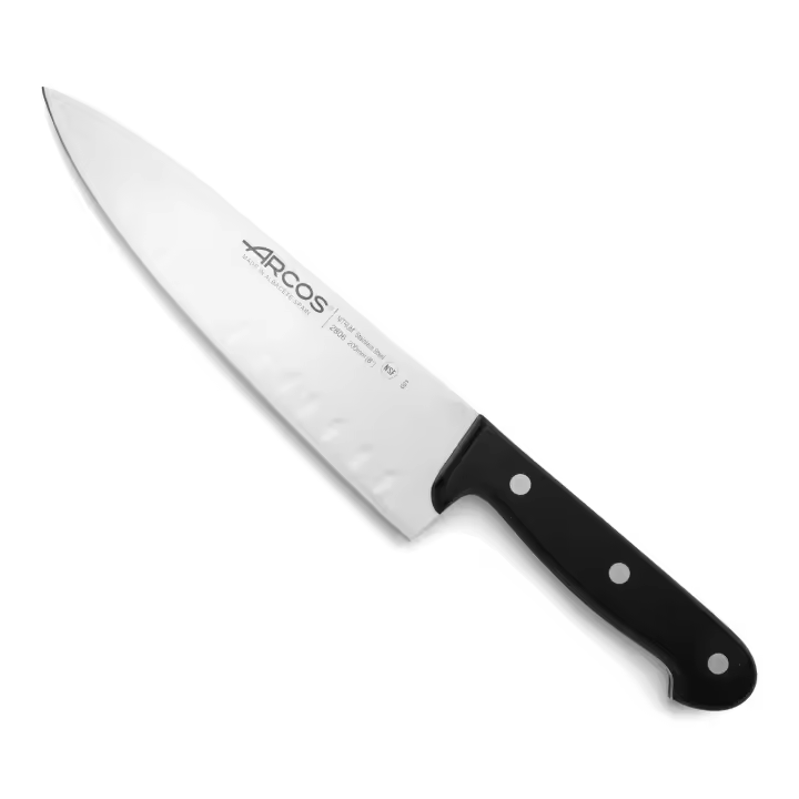 Arcos Cuchillo Chef Granton Acero Inoxidable. Cuchillo cocina para cortar y pelar alimentos pequeños. Mango ergonómico polioximetileno y Hoja 200 mm. Serie Universal. Color negro. - 1