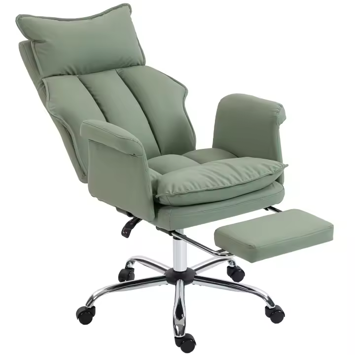HOMCOM Silla de Escritorio con Reposapiés, Silla de Oficina Giratoria, con Respaldo Reclinable y Alto, Acolchado Grueso, Tapizada en Cuero Sintético, Soporte Lumbar, Altura Ajustable, Ruedas - 1