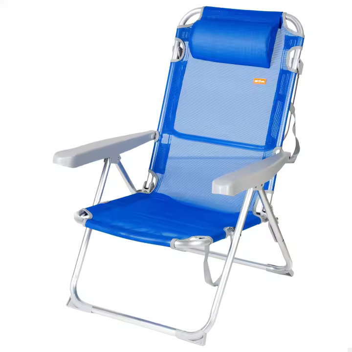 Aktive - Silla playa plegable, 48x60x90 cm, respaldo reclinable 5 posiciones, soporta un peso máximo de 110 kg, topes antivuelco, estructura aluminio, tejido textileno, incluye cojín acolchado, tumbona exterior - 1