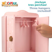 WOOMAX - Armario de madera para muñecas con perchas, de juguete, 24x11x32,5 cm, juego de roles color rosa, infantil, decoración estrellas, 4 piezas, para mayores de 3 años - details 2