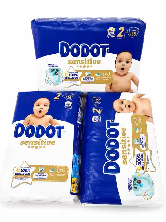Dodot - Pañales Sensitive talla 2 para bebés de 4 a 8 kg, tejido suave y protección anti fugas, pack familiar de 174 pañales (3 × 58) - 1
