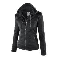 Chaqueta De Cuero Sintético Para Mujer Estilo Motociclista Con Capucha Negro Otoño-invierno Cierre De Cremallera Largo Regular - details 2