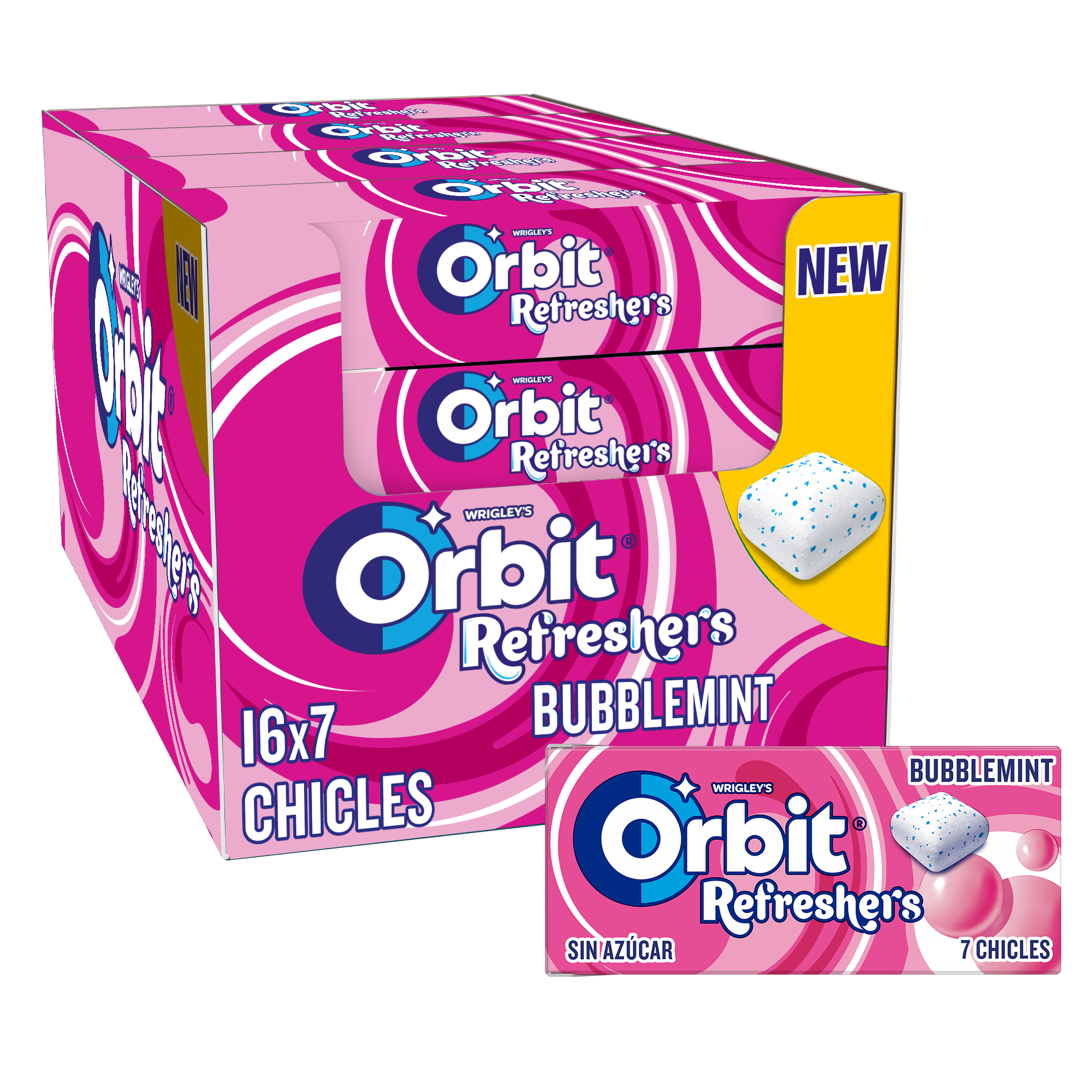 Orbit Refreshers, Chicles Sin Azúcar Bubblemint en Formato Gragea en pack de bolsillo, 16 Paquetes x 7 Unidades
