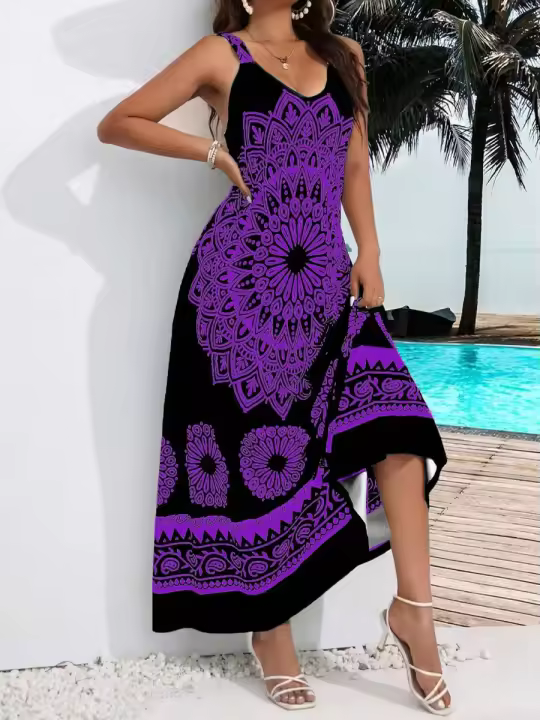 Vestido Bohemio De Verano Para Mujer plus Talla Con Suspensión Espalda Descubierta Estilo Casual Material Poliéster Suave - 1