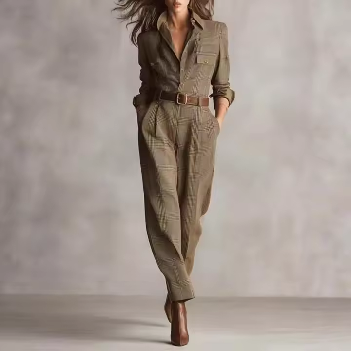 Traje De Mujer Beige Con Cuadros Estilo Camisa Con Cinturón Pantalones Anchos Casual Para Oficina Moda 2026 Traje De Vestido - 1