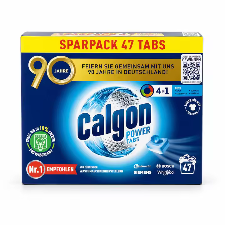 Calgon - Pastillas Power Tabs 4 en 1 para lavadora (47 unidades) con protección antical, anti-suciedad, anti-olores y anti-residuos — ideal para agua dura, sin fosfatos ni cloro, reduce consumo de detergente y energía - 1