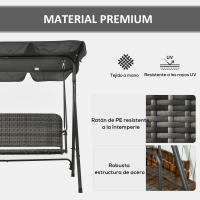 Outsunny Columpio de Jardín Exterior de 3 Plazas Balancín de Jardín Exterior con Toldo Ajustable Asiento de Ratán PE y Reposabrazos para Balcón Terraza Patio Carga 240 kg 167x112x153 cm - details 3