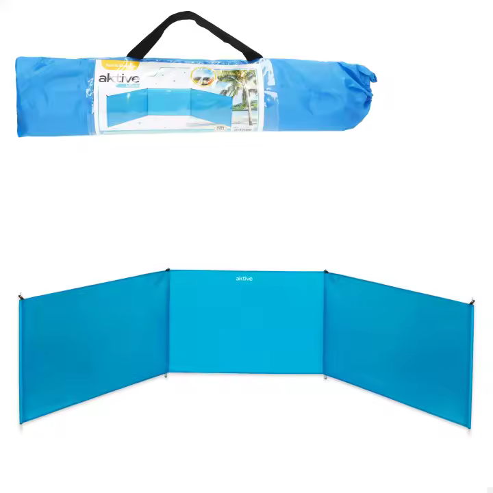 AKTIVE Paravientos playa, 300x75/85 cm, azul, 3 paneles, poliéster, protección solar UV30, varillas de aluminio, con piquetas, funda de transporte con asa, cortavientos plegable, camping gas - 1