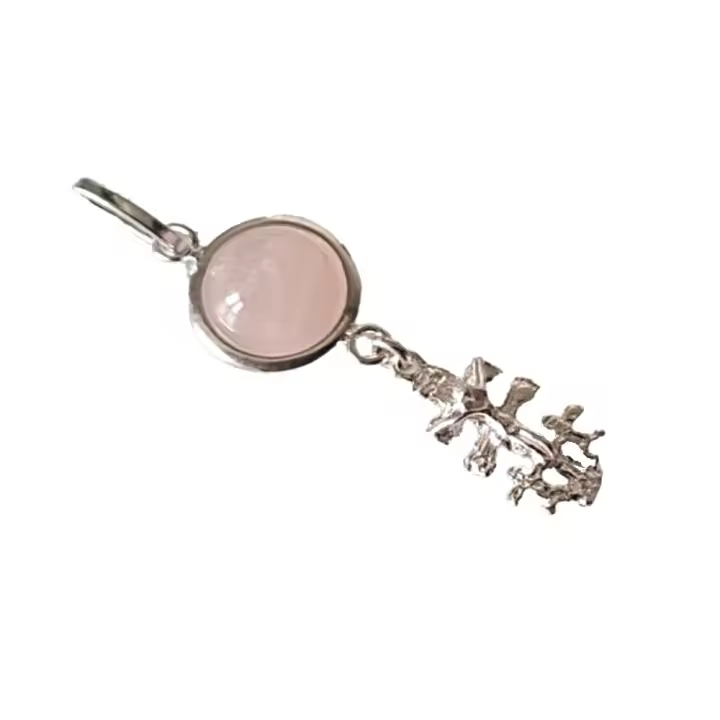 Colgante doble Plata de Ley Cruz de Caravaca relieve, y Colgante cuarzo rosa natural cabujón redondo 8 mm. Calidad, diseño y precio. Estuche incluido - 1