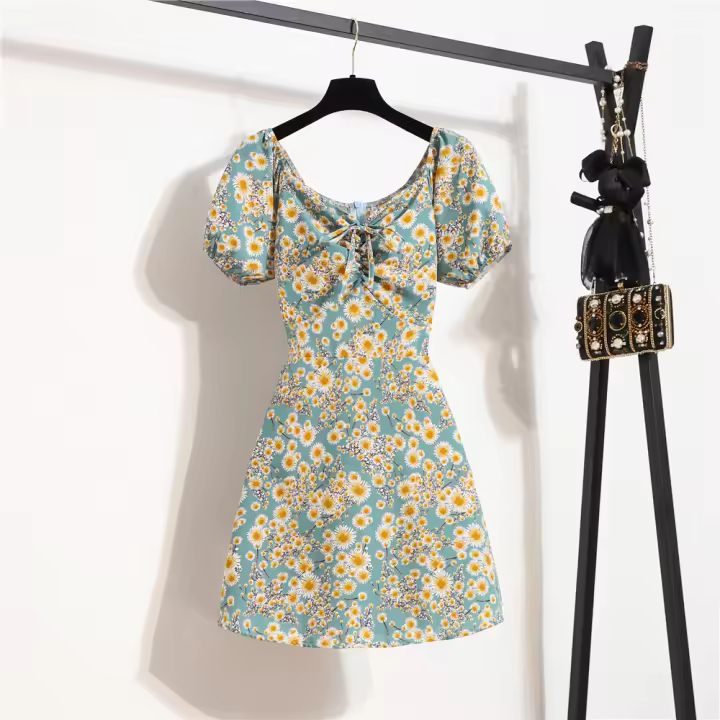 Vestidos Mini De Verano Para Mujer Estampado Floral Chiffón Casual Cintura Natural Manga Larga A-Line Cierre De Cremallera - 1