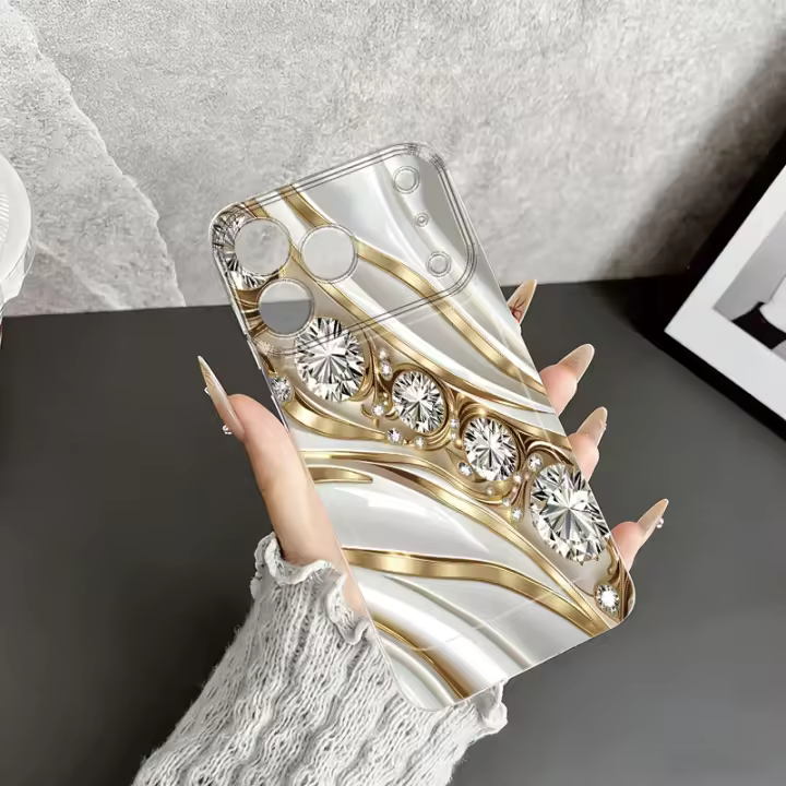 Funda De Teléfono Diamante Dorado Para iPhone 17/16/15/14/13/12/11 pro Max/ XS/ XR/XSMAX/7/8/6/6S plus Resistente Al Choque Diseño De Ritmo 3D Material Plástico Suave - 1