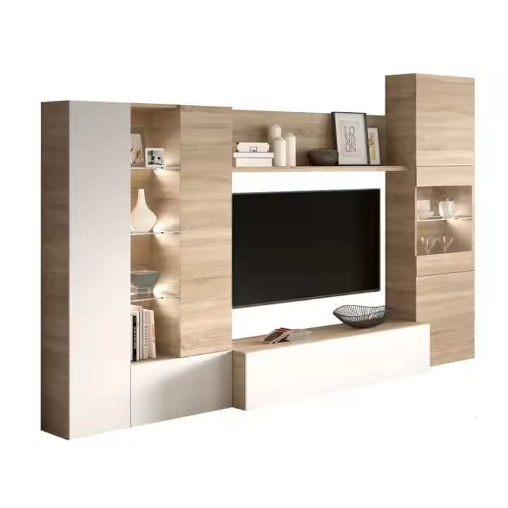 MOBELCENTER - Mueble Salón – Módulo TV, Módulo Vertical y Vitrina con Leds – Color Roble Canadian y Blanco Brillo – 260 cm x 42 cm x 185 cm - (0735) - 1