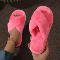 Pantuflas De Casa Para Mujer Con Tela De Peluche CrissCross Y Suela Suave Open Toe Fuzzy Caliente Invierno Pantuflas Cómodas Para Interno - details 17