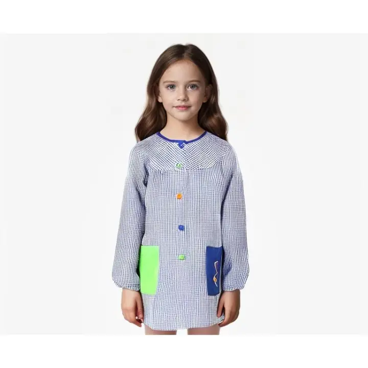 PLUSHOME Bata Escolar de Cuadros Manga Larga 75% Poliéster 25% Algodón 6 Colores 6 Tallas Niños 3 a 14 Años - 1