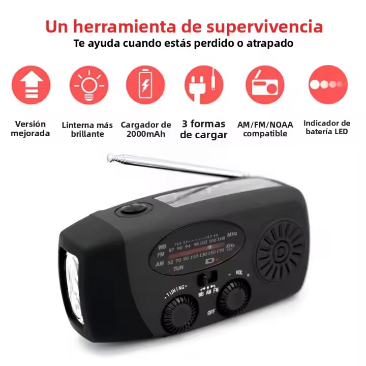 Radio De Emergencia Portátil 10000mAh Con Solar Y Manivela LED Flashlight Power Bank Recargable AM FM NOAA Weather Radio Cargador USB - 1