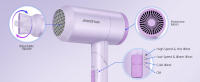 Aigostar Plegable Secador de Pelo de Viaje, Con Bolsa Antipolvo, Morado | 1800W Portátil Secador Pelo Ionico, 2 vel. de Aire Caliente + 1 de Aire Frío, Boquilla Desmontable, Protección Térmica - details 4