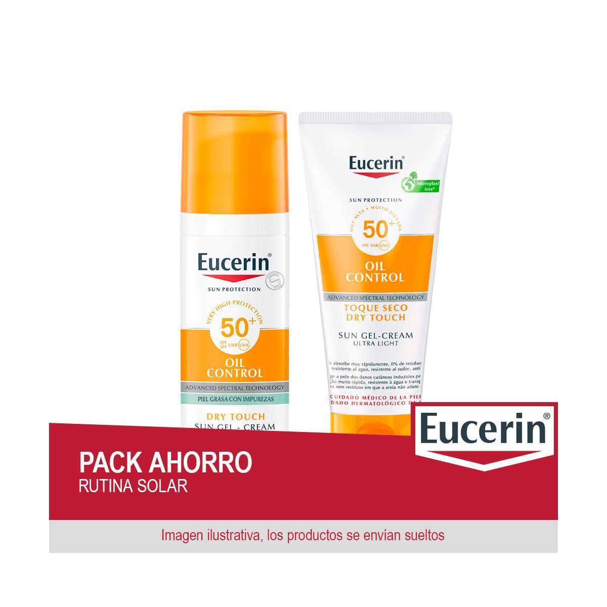 EUCERIN Pack Ahorro Rutina Solar - Contiene Facial Gel-Crema Oil Control Dry Touch SPF50+ 50 ml + Corporal Oil Control Gel-Crema FPS 50+ 200ml