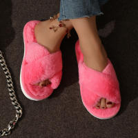 Pantuflas De Casa Para Mujer Con Tela De Peluche CrissCross Y Suela Suave Open Toe Fuzzy Caliente Invierno Pantuflas Cómodas Para Interno - details 16