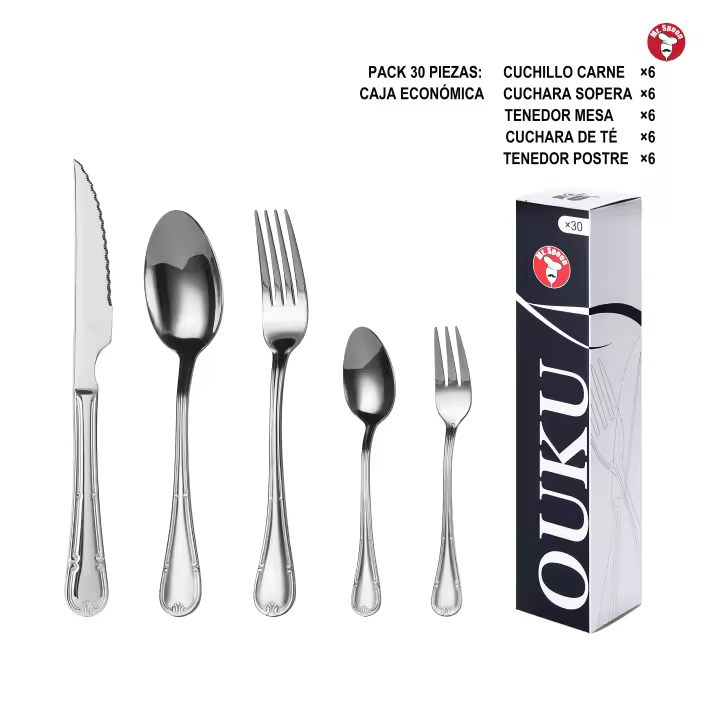 Mr.Spoon Serie Flores Juego 20, 30 o 36 piezas cubiertos,Acero Inoxidable18/0,Plateado,Económico y funcional,Incluye cuchillo carne o mesa,tenedor,cuchara,cucharilla,etc.Mango monobloque,Apto para lavavajillas,Empaque ecológico,Para casa,hotel,restaurante - 1