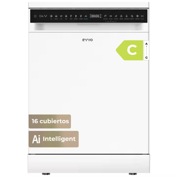 Lavavajillas EVVO D4Y, 16 Cubiertos, 8 Programas, Extra Silent, Turbo, Secado Extra, Inicio Diferido, 47 dB, Clase C, 60 cm, - 1