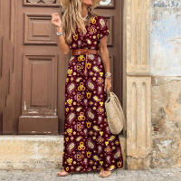 Vestido Bohemio De Manga Corta Con Cuello En V Y Cinturón Para Mujer Vestido Largo Floral Para Vacaciones De Verano - details 3