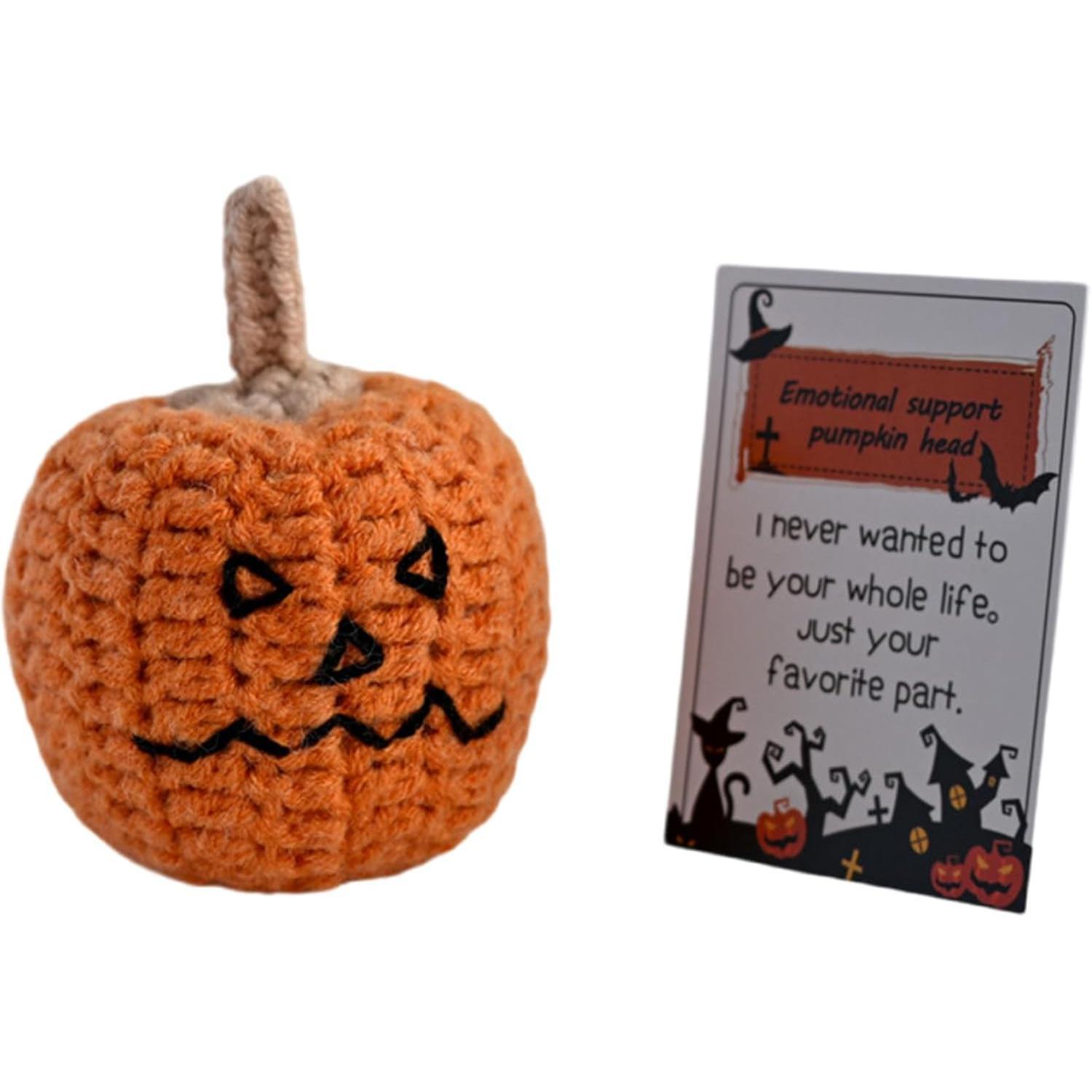 Crochet Pumpkin Head Dolls with Hat and Encouragement Card - Emotion Toy for Halloween Party Decoration