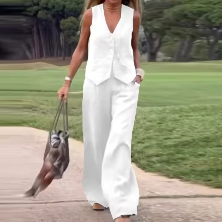 TK Conjunto Elegante De 2 Piezas Para Mujer Con Chaleco Y Pantalones Anchos Estilo Oficina Irregular Cierre V Vestido Y Pantalones 2pcs Outfits Para Trabajo - 1
