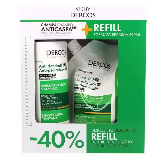 DERCOS PACK CHAMPÚ ANTICASPA CABELLO SECO 390 ML+ RECARGA 390 ML - 1