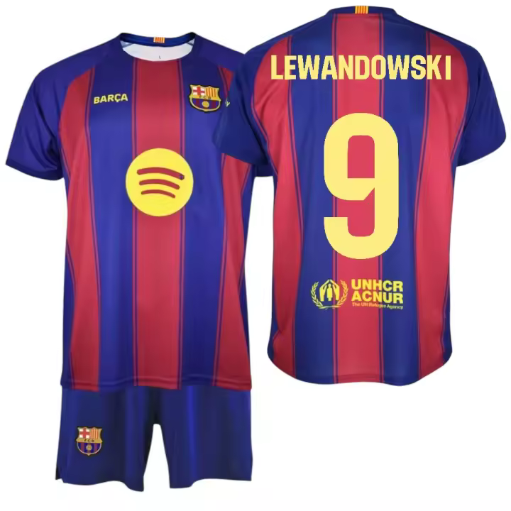 F.C Barcelona - Conjunto Camiseta y Pantalón Niño - Jugador LEWANDOWSKI Nº9 - Diseño Blaugrana Clásico - Escudo Bordado - Tejido Transpirable - Ideal para regalo - 1