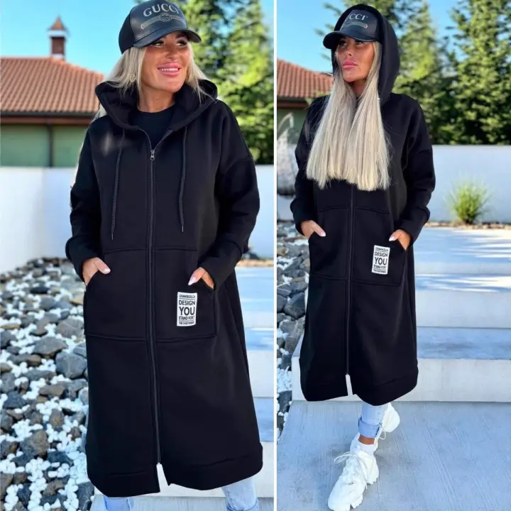 Nueva Chaqueta Larga Elegante Para Mujer 2025 Otoño Invierno Cálido Y Grueso Con Capucha Color Sólido Y Bolsillos De Terciopelo Chaqueta De Windbreaker - 1