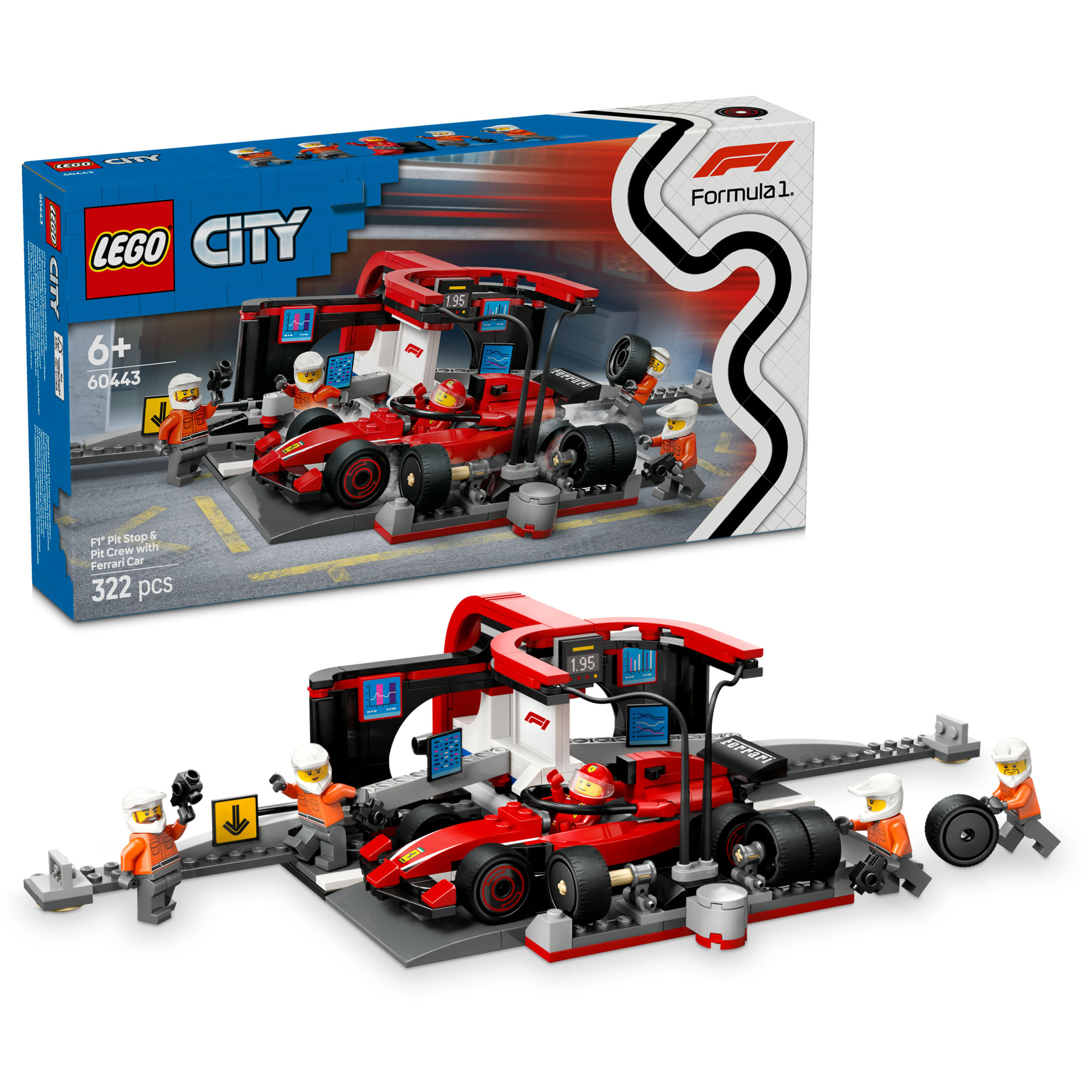 LEGO 60443 City Parada en Boxes de F1 y Equipo de Mecánicos, Coche Ferrari de Juguete para Niños y Niñas de 6 Años o Más, Maqueta de Vehículo de Carreras de Fórmula 1 con Minifigura de Piloto