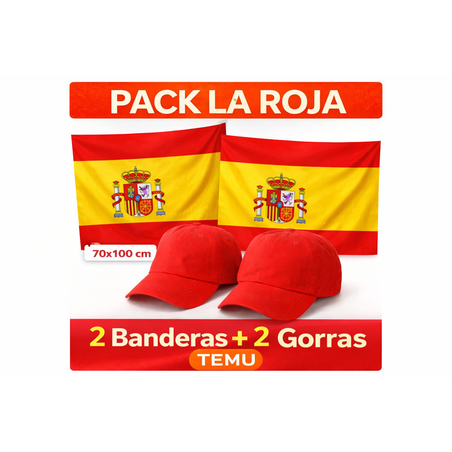Pack LA ROJA I: Incluye 2 Banderas de España + 2 Gorras Rojas