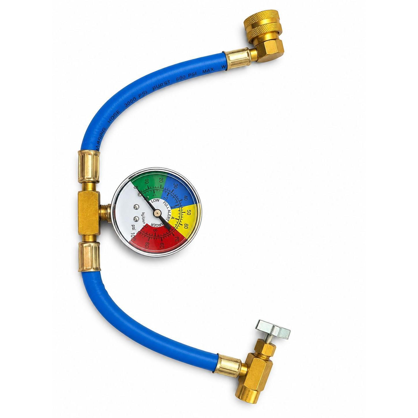 Kit de carga para coches R134A con mangueras, manómetro, llave y conector de baja presión de fácil conexión, ideal para recarga y mantenimiento de aire acondicionado automotriz