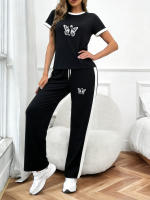 Conjunto De Camiseta Y Pantalones De Mujer Estilo Casual Con Diseño De Mariposa Corto Y Cómodo Para Primavera Y Verano Ropa Campus Callejera Romántica Con Cuello Redondo Y Pierna Recta - details 6