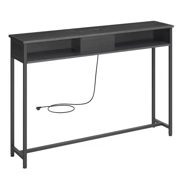 VASAGLE Mesa de Consola Delgada con Multienchufe, Mesa de sofá con 2 Compartimentos, Carga Oculta, Ahorro de Espacio, 25 x 120 x 81 cm, Entrada, Salón, Gris Ahumado y Negro Tinta/Marrón Rústico y Negro Tinta/Blanco Nube - 1