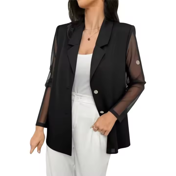 Blusa Larga De Encaje Negro Transparente Para Mujer Con Manga Thin Estilo Occidental Protección Solar Moda Negocios - 1